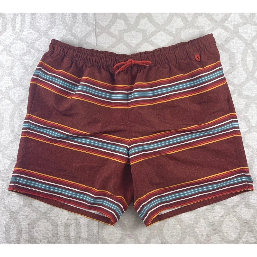 Eddie Bauer Mens 2XL Swim‎ Trunks Rust Red Multi Stripe Mesh Lined Board Shorts